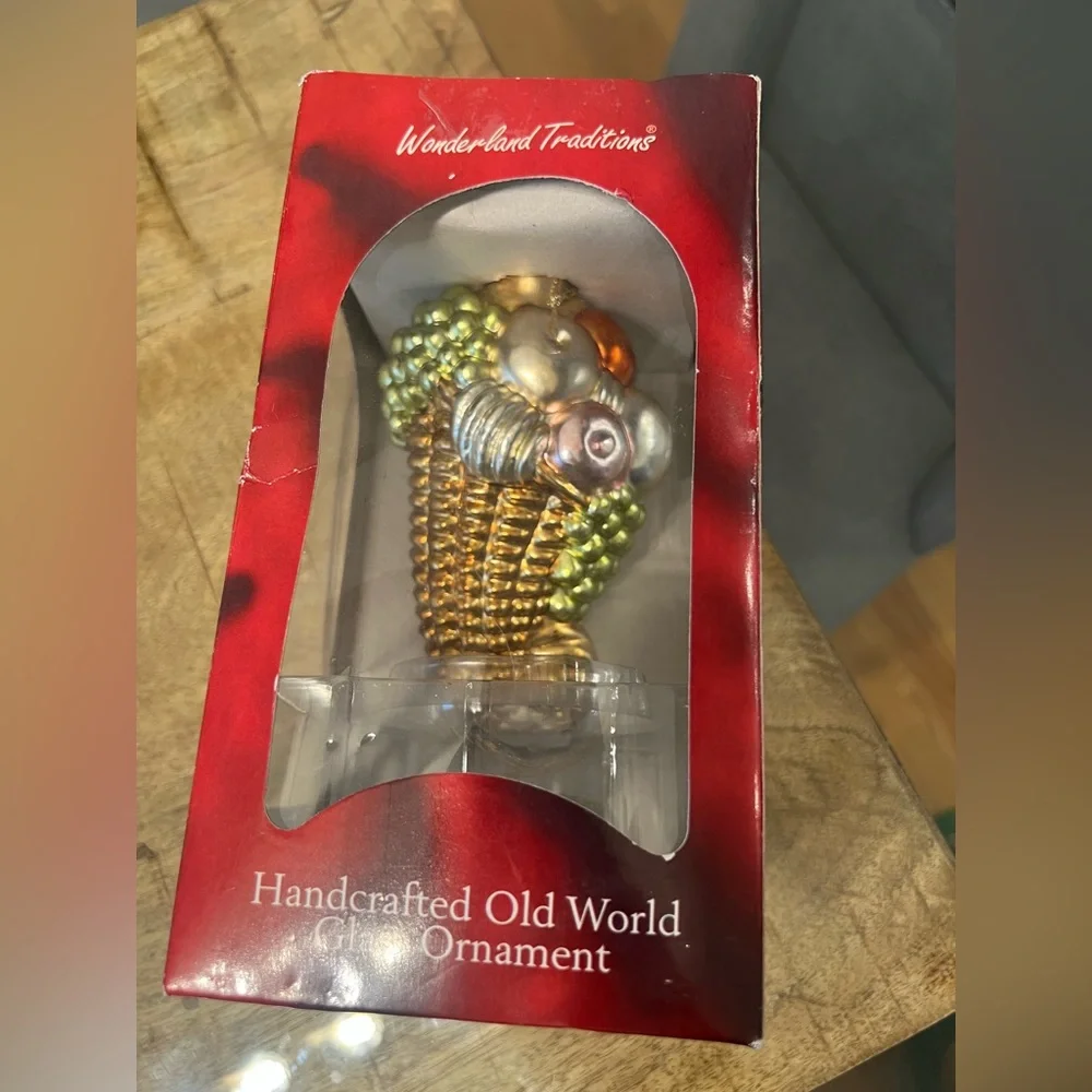 Glass Cornucopia Ornament - Metallic Gold, Silver, Green